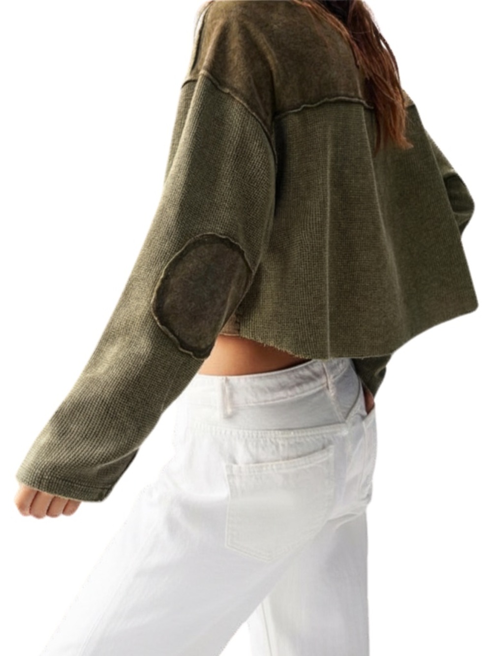 Bohemela Army Green Waffle Knit Patchwork Relaxed Long Sleeve Crop Top Size L